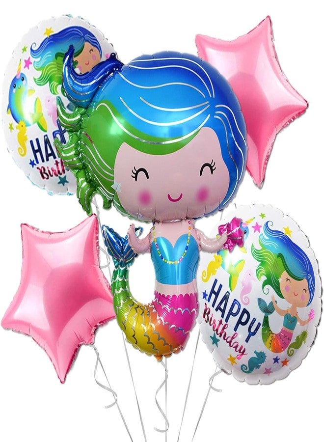 AMFIN (Pack of 5) Mermaid Theme Foil Balloons, Birthday Decoration Items - Multi - Image 1